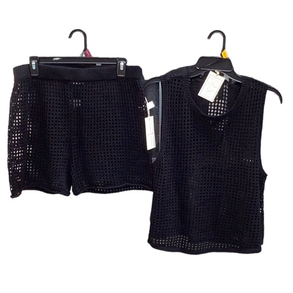 Moon & Madison 2 Piece set Shorts Tank Top Black Crochet Beach Cover up Large - Picture 6 of 9
